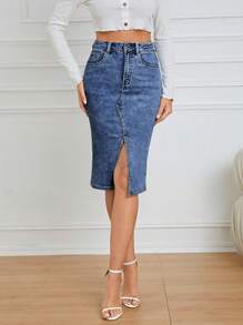 SHEIN Privé Denim Skirt With Pockets And Side Split - Dark Wash - View 6