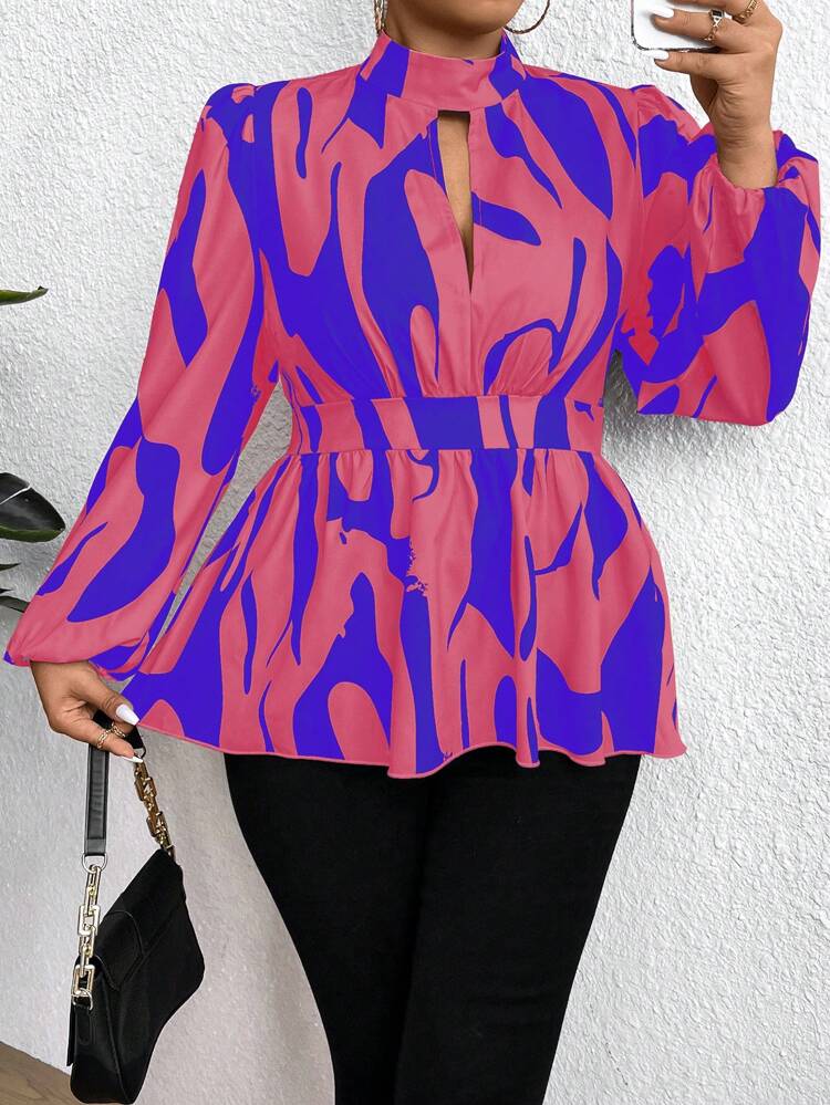 Plus Size Color-Blocked Hollow Out Lantern Sleeve Shirt With Ruffle Hem