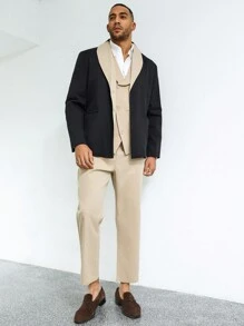 Manfinity Homme Men's Plus Size Contrast Color Shawl Collar Single Breasted Blazer, Double Breasted Vest, And Straight Leg Trousers Suit Set - Black - View 3