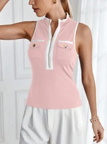 SHEIN Privé 女士立領彩塊背心上衣，帶邊緣修飾 - 彩色 - 查看 5