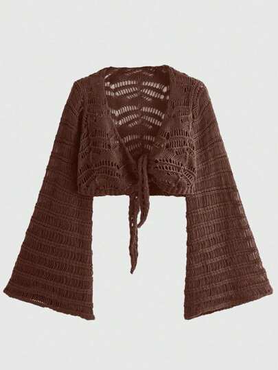 Fairycore Summer Solid Tie Front Crop Crochet Cardigan, School