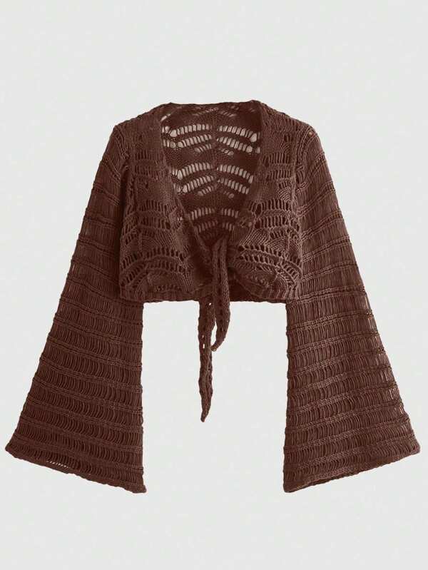 ROMWE Fairycore Cardigan croșetat cu cravată solidă de vară, școală