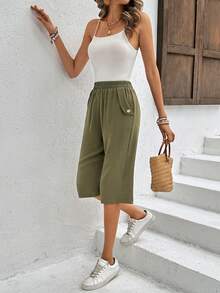 SHEIN Essnce 女士實色口袋短褲,帶有褶皺細節 - 綠色 - 查看 5