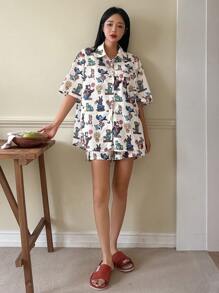 DAZY Women's Cute And Delicate Cartoon Pattern Short Sleeve And Shorts Pajama Set White Set Summer