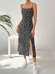 SHEIN EZwear Women's Floral Print Fashionable Strappy Dress For Spring And Summer - Black - View 5