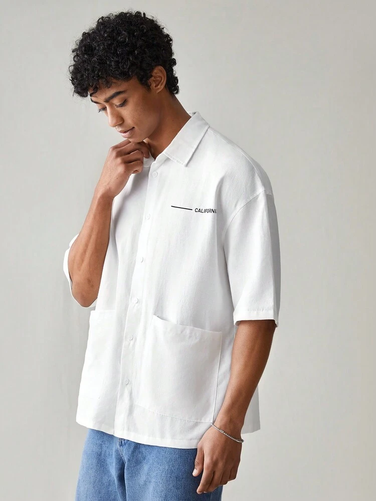 Men's Casual Shirt With Letter Print And Double Pockets