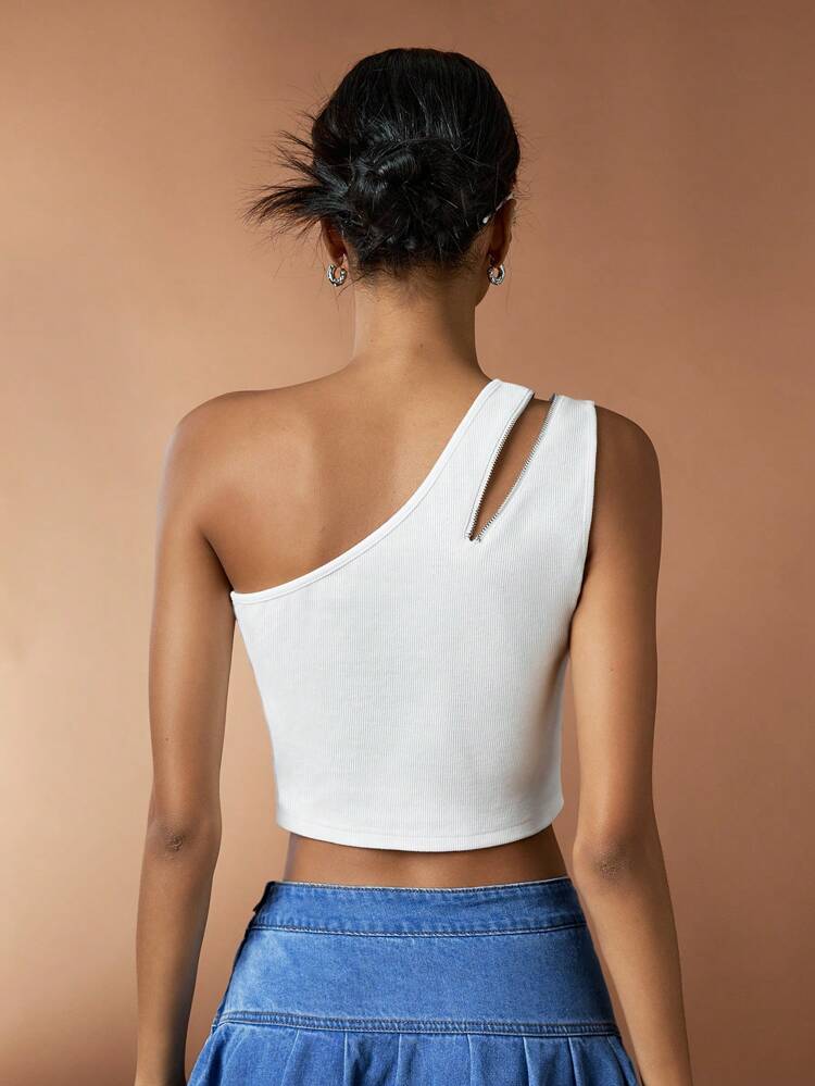 White One Shoulder Zipper Closure Crop Top