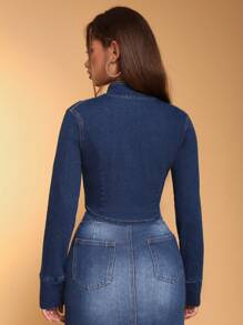 SHEIN BAE Zipper Fly Crop Denim Jacket - Blue - View 2