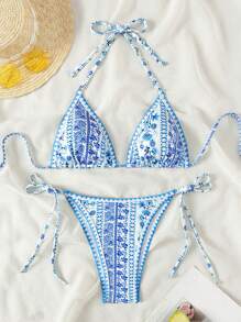 SHEIN Swim Clean Fit Halter Neck Bikini Set(Random Print) For Summer Beach Vacation