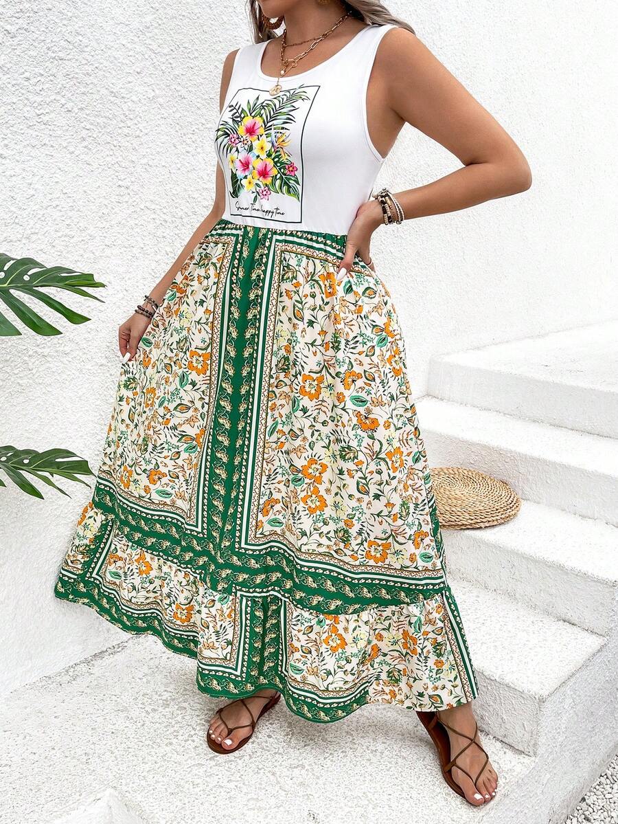 SHEIN VCAY Plus Size Vacation Leisure Printed Splice Sleeveless Dress - Multicolor - View 1