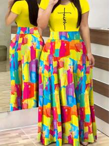 ChicMe Váy Maxi Tay Ngắn In Chữ Faith Cỡ Lớn Cho Phụ Nữ Có Đường Cong Mặc Hàng Ngày Thường Ngày - Màu vàng - Xem 3
