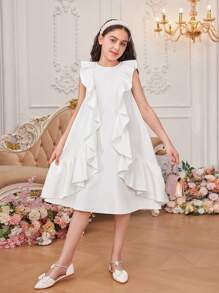 SHEIN Tween Girls' Loose Cute Round Neck Style Ruffled A-Line Dress With Pleated Hem