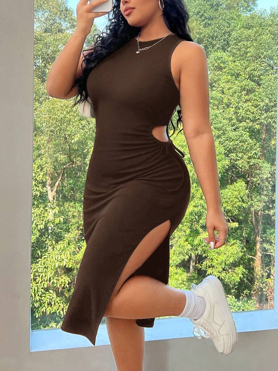 SHEIN EZwear 加大码棕色针织紧身连衣裙，腰部镂空设计，侧开衩 - 棕色 - 查看 1