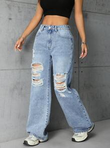 SHEIN EZwear Pantalones Holgados De Mezclilla Para Mujer Con Rasgaduras Y Bolsillos - Azul lavado medio - Ver 4