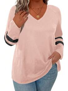 SHEIN LUNE Plus Size V-Neck Printed Casual Spring/Summer Long Sleeve T-Shirt - Baby Pink - View 3
