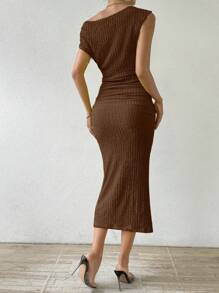 Rafferiza 女士露肩纯色修身时尚连衣裙长款女装 - 棕色 - 查看 2