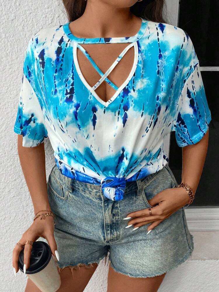 Plus Size Women's Summer Keyhole Collar Cross-Strap Tie-Dye T-Shirt