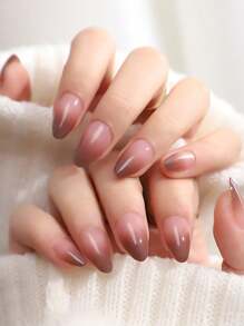 24片棕色杏仁形美甲贴片，扎染渐变效果，包含1个指甲锉和1个果冻凝胶美甲配件