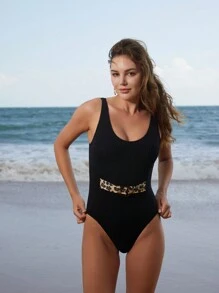 SHEIN Swim 女士一件式豹紋泳衣,適合夏季沙灘 - 黑色 - 查看 7