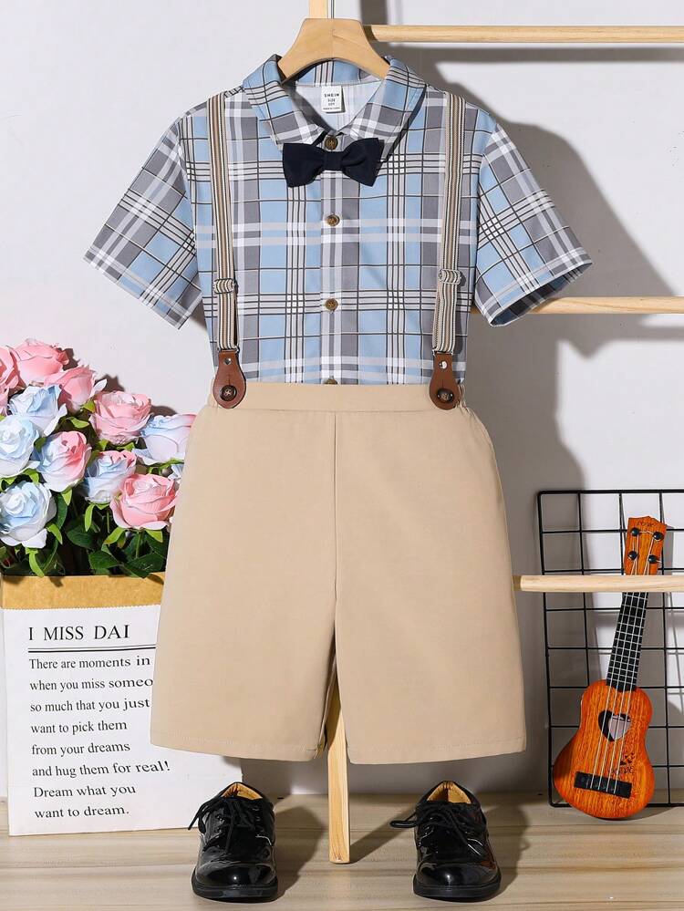 2pcs/Set Tween Boy Loose Fit Elegant Plaid College Style Shirt With Removable Suspender Shorts