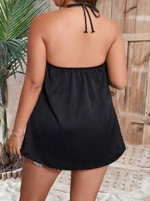 Calvaya Plus Size Women's Beaded Necklace Halter Top - Black - View 2