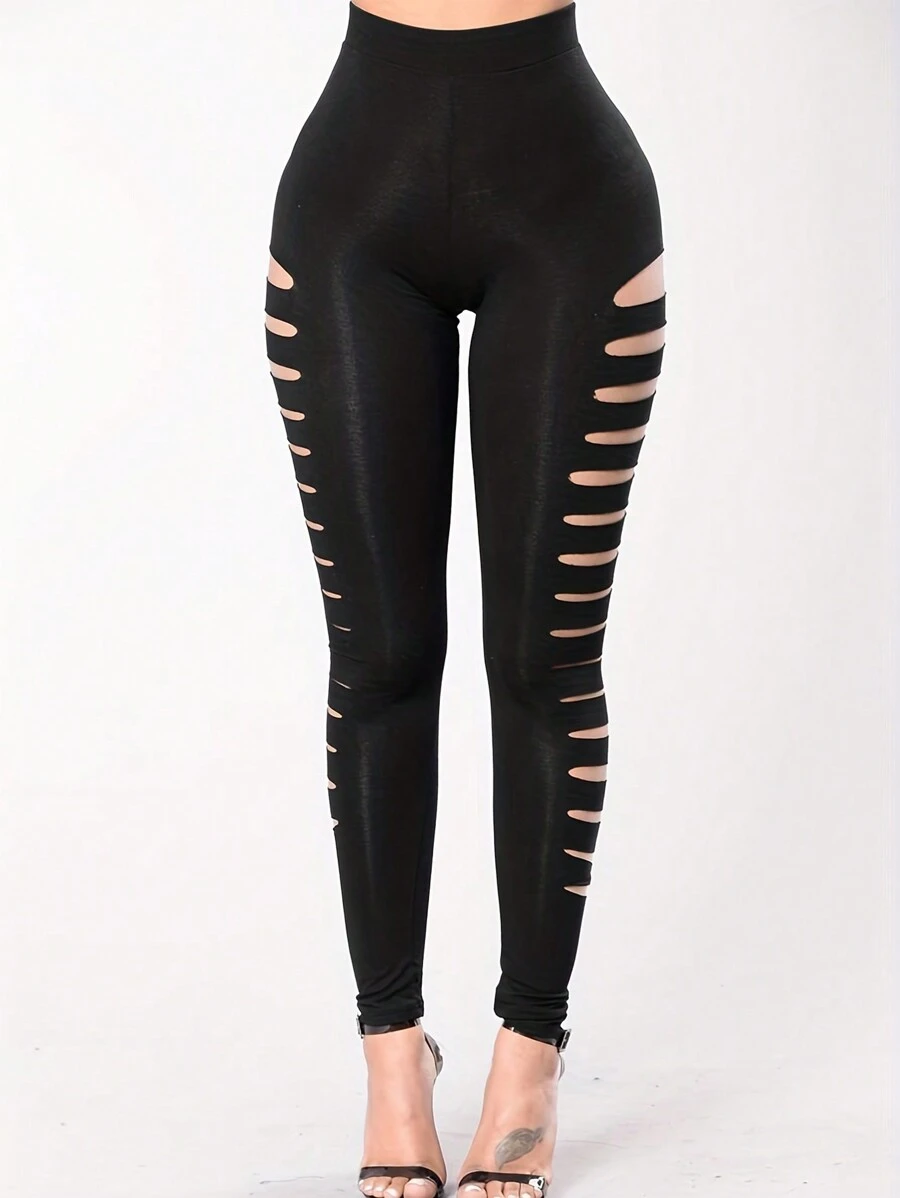 Leggings Skinny Com Cintura Alta E Lateral Rasgada