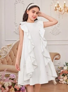 SHEIN Tween Girls' Loose Cute Round Neck Style Ruffled A-Line Dress With Pleated Hem