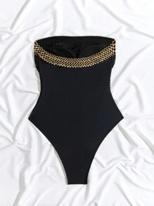 SHEIN Swim 夏日海灘無肩帶拼色後開叉一件式泳衣 - 黑色 - 查看 10