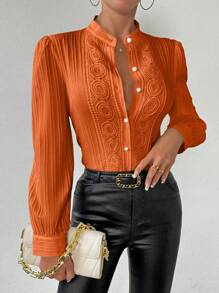 Rafferiza 女士質感與蕾絲拼接長袖襯衫 - 橘色 - 查看 5