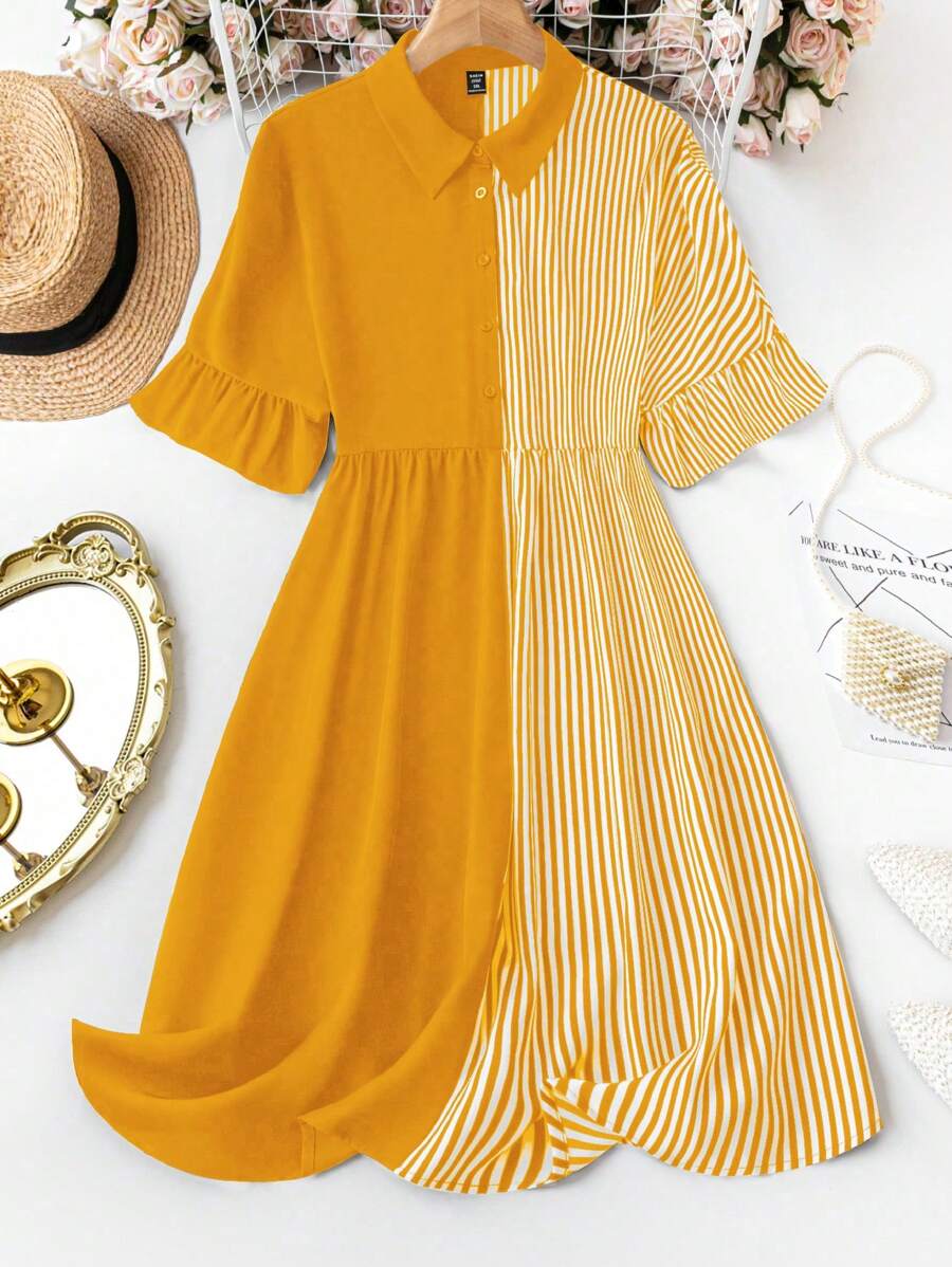 SHEIN Clasi Plus Size Striped Printed Collar Dress - Yellow - View 1