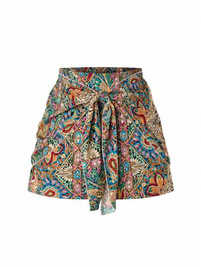 SHEIN LUNE Plus Size Boho Paisley Print Front Tie Shorts, Suitable For Summer, Beach, Vacation