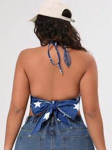 SHEIN ICON Plus Size Denim Halter Top With Star Print - Blue - View 2