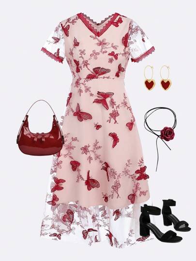 Teen Girl 3d Butterfly Print Lace Decoration Dress