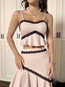 Flirla Conjunto de blusa sin mangas con dobladillo con ribete de encaje en contraste y falda para mujer de verano - Albaricoque - Ver 1