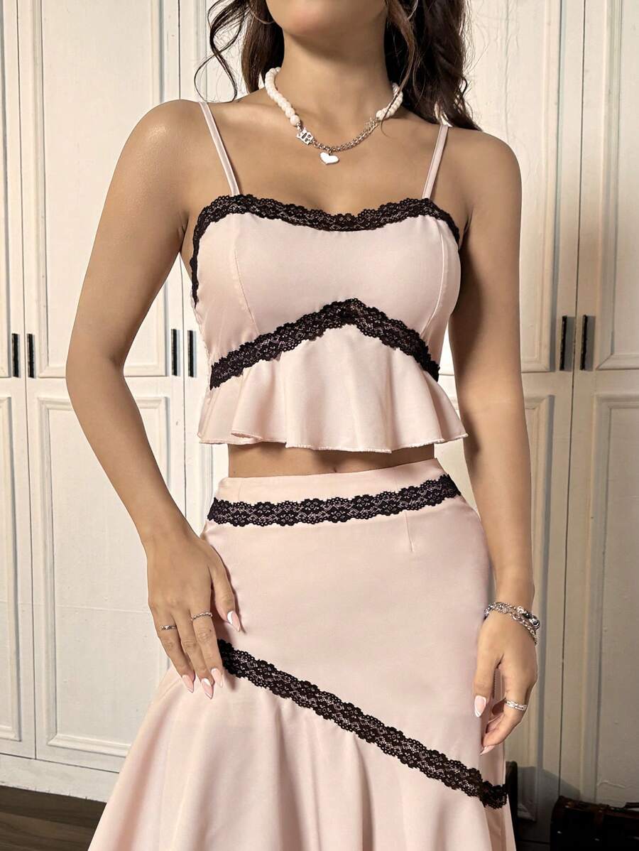 Flirla Conjunto de blusa sin mangas con dobladillo con ribete de encaje en contraste y falda para mujer de verano - Albaricoque - Ver 1