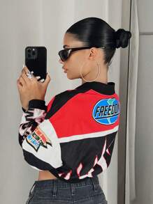 SHEIN ICON Chaqueta tipo bomber corta con gráfico de letras y bloques de color en los hombros para otoño/invierno - Multicolor - Ver 2