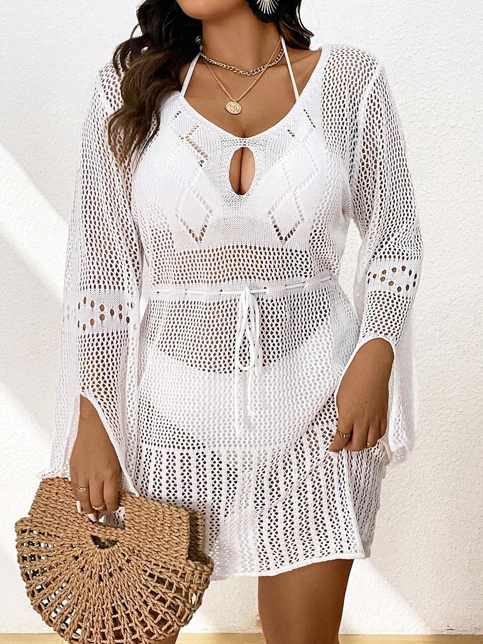 Plus Size V-Neck, Tie Waist And Long Sheer Sleeve Sweater Dress