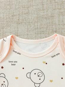 SHEIN Baby Boys' Simple And Cute Long-Sleeved Bear Printed Romper Sleepsuit, Winter - Multicolor - View 3