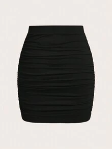 SHEIN BAE Falda Cuerpocon Con Pliegues Sólidos De Color Para Mujer - Negro - Ver 12
