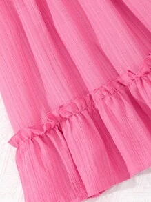 Solid Color V-Neck Short Sleeve Dress For Tween Girls, Summer,Holiday,Summer,Travel - Watermelon Pink - View 8