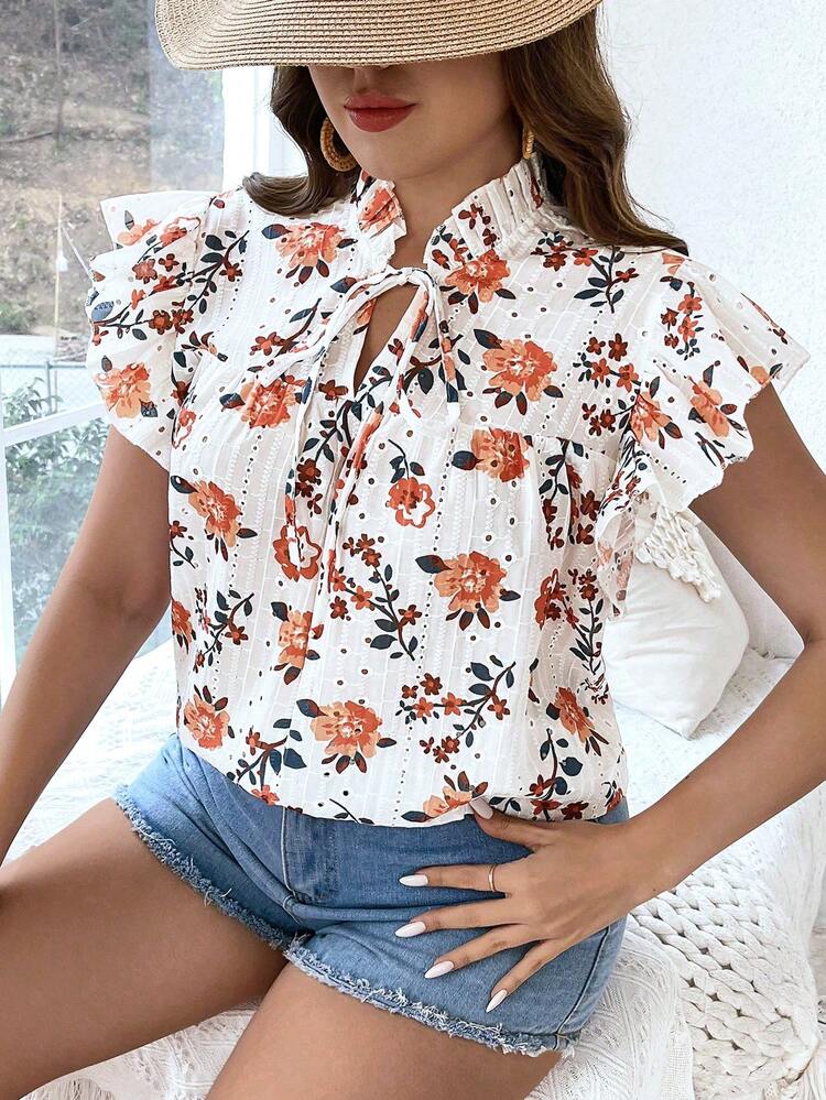 Plus Size Hollow Out Embroidered Flower Print Tie Neck Blouse