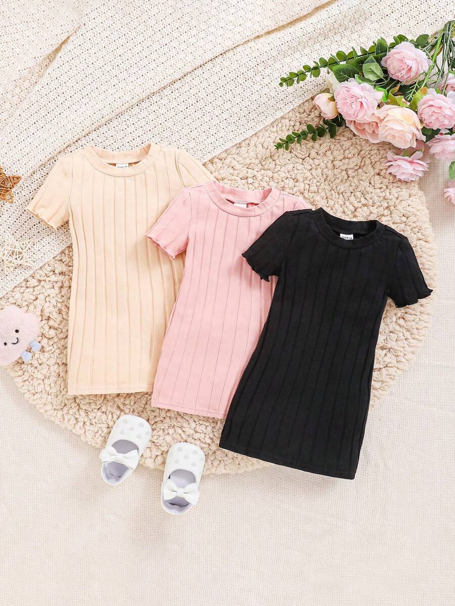 SHEIN Conjunto De 3 Piezas Vestido Tejido Casual De Manga Corta Y unicolor Para Bebé Niña - Albaricoque - Ver 1