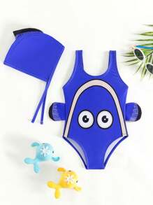SHEIN Infant Boys' Lovely Blue Phrase Design Swimsuit And Swim Cap Set