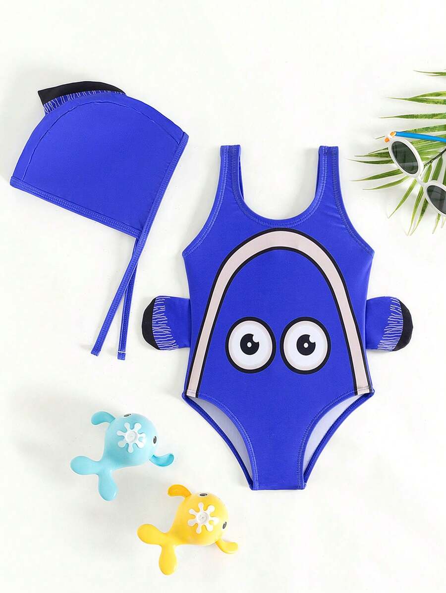 SHEIN Infant Boys' Lovely Blue Phrase Design Swimsuit And Swim Cap Set