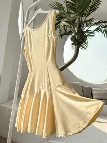 SHEIN Unity 女式夏季純色圓領無袖荷葉邊裙