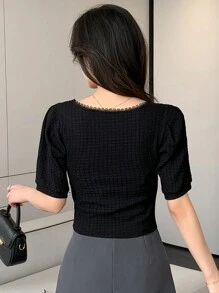 DAZY 女士纯色纹理面料方领短袖衬衫，适合夏季穿着，短袖上衣，可爱上衣 - 黑色 - 查看 5