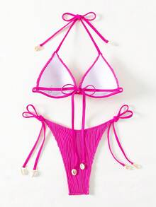 SHEIN Swim 夏季海滩女士纯色挂脖式后系带两件套比基尼套装 - 玫紅色 - 查看 2