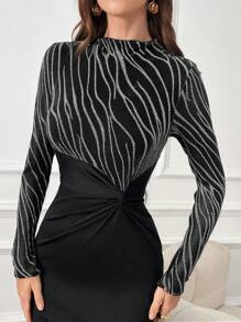 Modelyn Vrouwen Modieuze En Elegante Staande Kraag Lange Mouw Taille-Strakke Split Jurk Maxi Vrouwen Outfit Lange Avondjurken