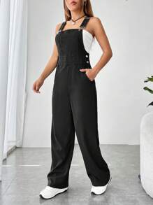 SHEIN EZwear Solid Color Pocket Detail Straight Jumpsuit - Black - View 4