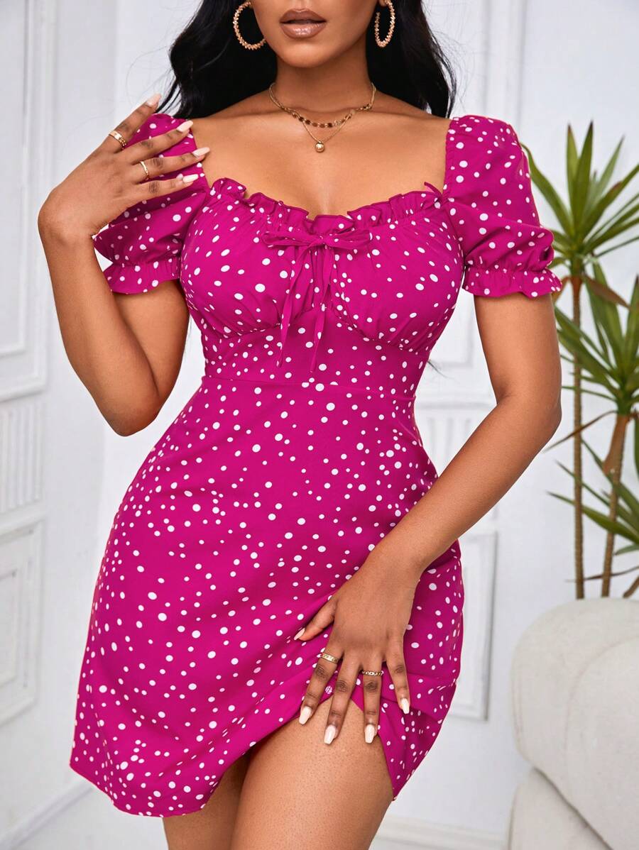 SHEIN VCAY Spring Polka Dot Print Puff Sleeve Knot Front Ruched Bust Red Dress